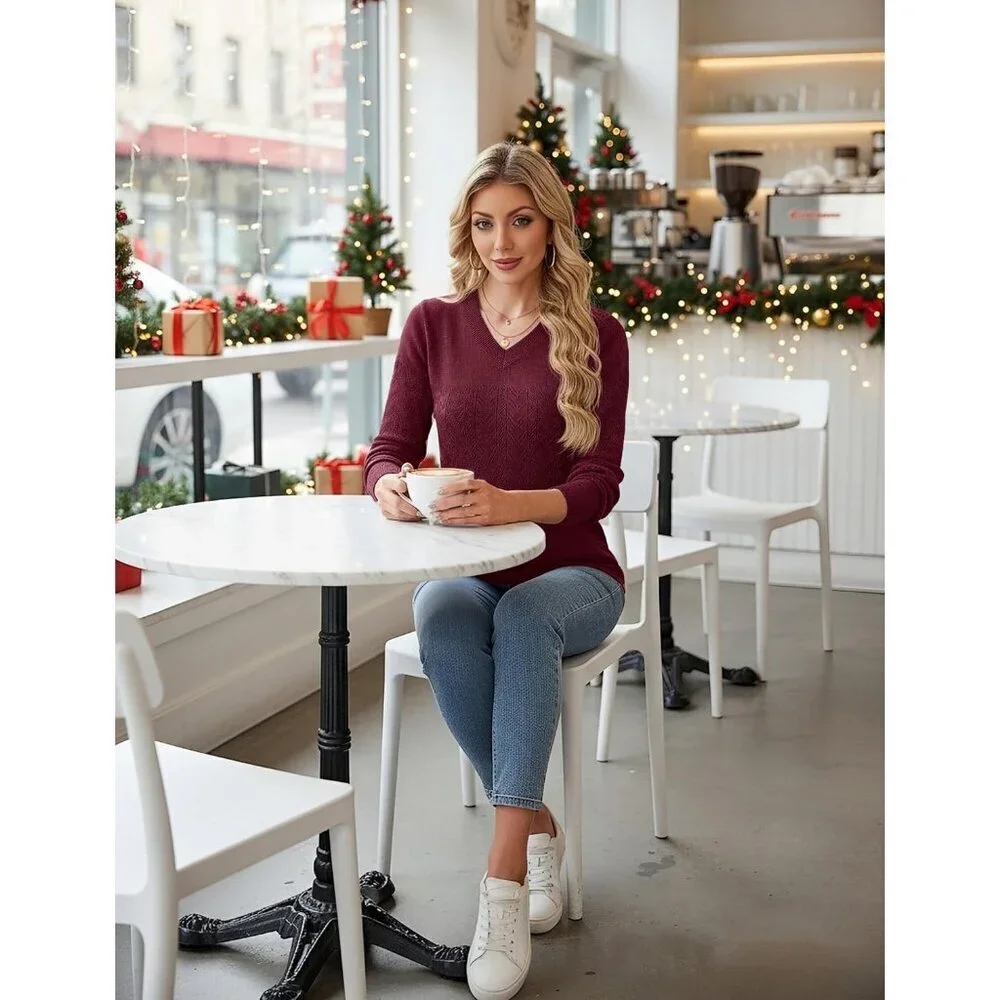 Women's Wine Red Wool Long Sleeve Crochet Pullover V Neck Lightweight Sweater - Picture 6 of 7